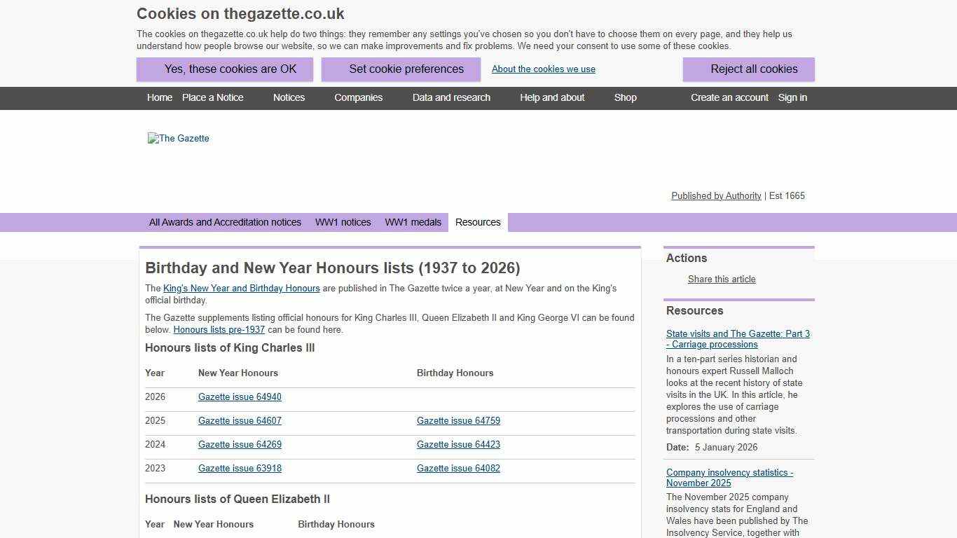 Birthday and New Year Honours lists (1937 to 2026) | The Gazette